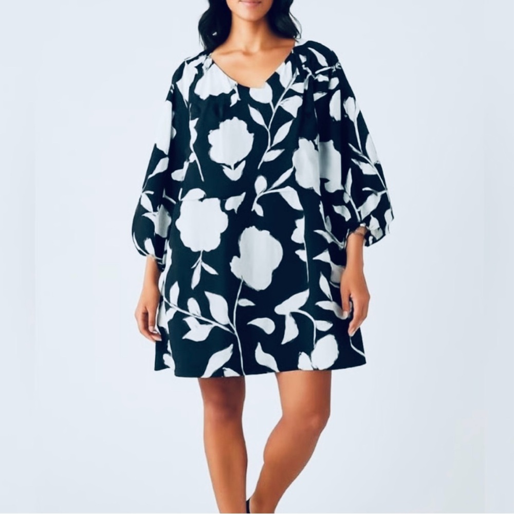Kate Spade New York Size L Black & White Floral Rose Poplin Sleeve Dress